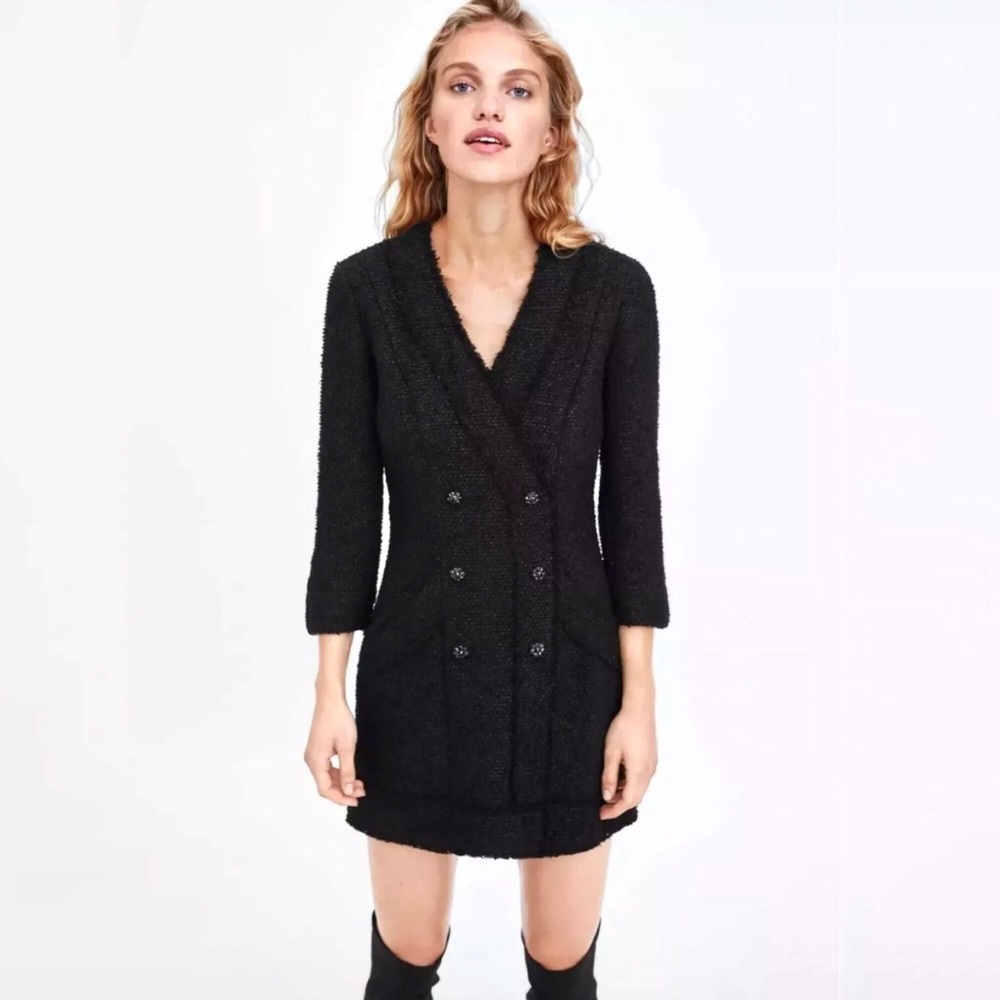 Zara Tweed Blazer Dress Black V Neck 3/4 Sleeve